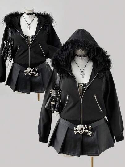 Sweetra Plus Size Women's Autumn/Winter Open Front Metal Zipper Faux Fur Hooded Jacket, Elegant Vintage Casual Punk Street Style, Black Fall