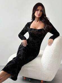 Firerie Women's Black Flocked Floral Elegant Fitted Midi Dress, Bustier Dress, Vintage Dress, Spring/Summer/Autumn, Elegant, Work, Sexy, Romantic, Date, Party, Wedding, Graduation, Performance, Concert, Work Attire, Back To School, Women's Birthday Dress,New Year Clothes