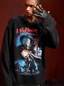 ROMWE MEN A Nightmare on Elm Street X ROMWE 男式字母和图形圆领长袖 T 恤，秋季 - 黑色 - 查看 8