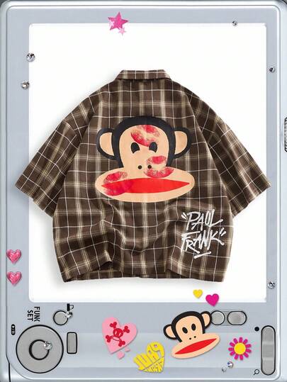 Paul Frank X ROMWE Men's Casual Loose Fit Letter, Cartoon & Plaid Print Dropped Shoulder Shirt, Fashion Street Style For Summer