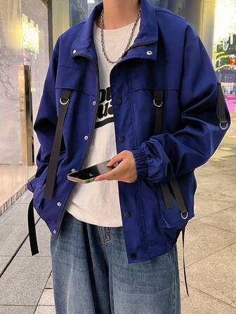 Manfinity Roghcode Chaqueta holgada de hombre con solapa con hebilla y bolsillo, para otoño