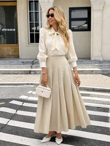 SHEIN Frenchy Chân váy midi xếp ly thanh lịch cạp cao màu trơn dành cho nữ, mùa thu - Màu be - Xem 5