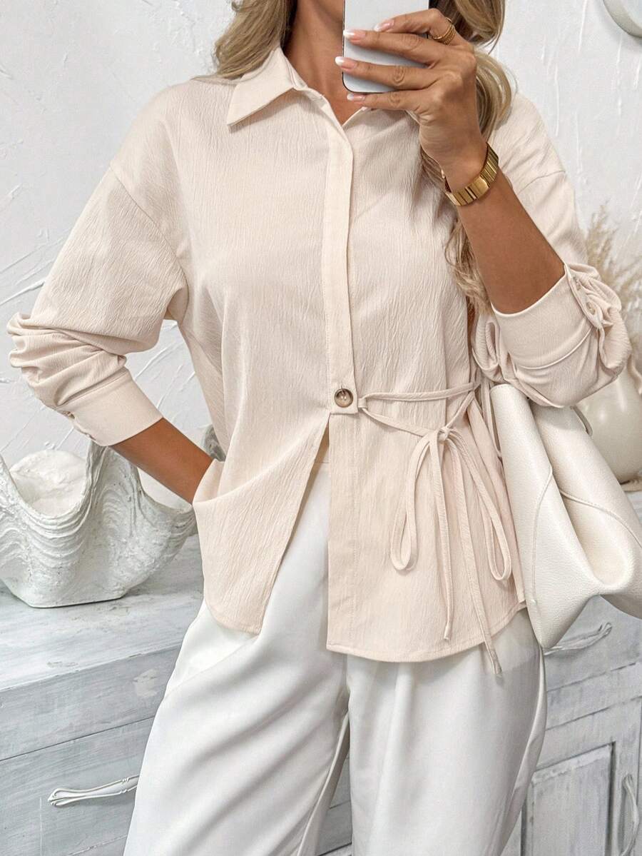 SHEIN LUNE Camisa de mujer de manga larga con cordones de unicolor casual, uso diario básico, camisa con botones y lazos de otoño/invierno, elegante ropa de calle de otoño para mujeres, casual para el aeropuerto, top para salir, estilo campestre elegante - Albaricoque - Ver 1