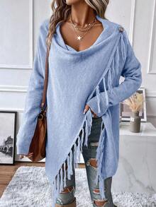 EMERY ROSE 流苏饰边垂领裹身开衫不对称毛衣女装连衣裙毛衣优雅毛衣长毛衣长袖毛衣女士长袖上衣长袖流苏上衣蓝色长袖上衣流苏上衣 - 藍色 - 查看 5