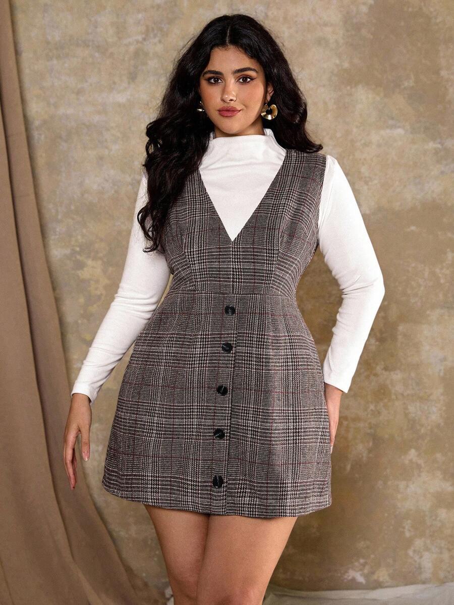 SHEIN PETITE CURVE Plus Size V-Neck Plaid Sleeveless Dress, Artistic Houndstooth Tank Dress, Autumn/Winter Vest Dress Vest And Skirt Set Tweed Dresses For Women Wednesday Addams Tweed Blazer Skirt Set Blazer Dress For Women Autumn Plus Size