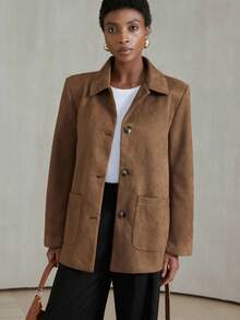 Aveloria Modichic 休闲复古系腰宽松落肩大口袋绒面革夹克 - 咖啡棕 - 查看 5