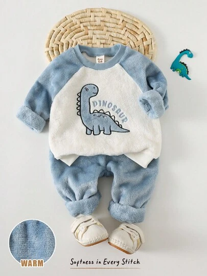 Cozy Pixies 2pcs Baby Boy Cartoon Animal Print Thermal Lined Crew Neck Sweatshirt And Elastic Waist Pants Set, Comfortable, Skin-Friendly, Versatile, Suitable For Indoor, Outdoor, Daily Wear, Sports, Play, Party, Christmas, Dinosaur Outfit Fall Winter Baby Boy Sets Baby Boy Clothes Dinosaur Dinosaur Baby Boy Clothes Newborn Baby Boy Clothes Baby Casual Sets Baby Boys Sets
