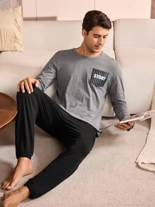 SHEIN Men's Cotton Crew Neck Long Sleeve Top & Pants Pajama Set, Fall Winter Clothes Men Lounge Set Sleep Wear Men
