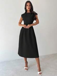 Firerie 女士简约优雅日常休闲通勤度假办公室装 亚麻色竹纹圆领无袖收腰褶皱 A 字中长连衣裙，夏季连衣裙，商务休闲女装，秋季女装，女士办公室装，办公室装，机场装，旅行装，机场装，外出装 - 黑色 - 查看 7