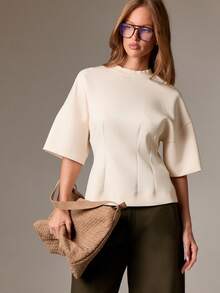 AiiRZ Lantern Sleeve Peplum T-Shirt Round Neck Short Sleeve Top Structured Design Casual Blouse - Apricot - View 1