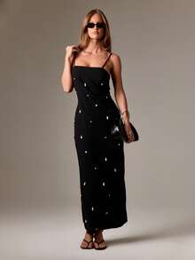 AiiRZ Đầm maxi dài bằng vải lanh thanh lịch, đính ngọc trai đen, kiểu dáng suông, có dây đeo, hở lưng, cổ thẳng, ôm sát, dài đến sàn, thích hợp cho tiệc tùng và trang phục trang trọng. - màu đen - Xem 4