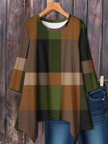 Mellowie Casual Asymmetrical Plaid Print Loose Long Sleeve T-Shirt For Plus Size, Spring & Autumn And Winter