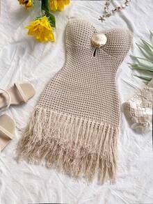 Soleia 女士度假针织纹理金属流苏迷你连衣裙，性感派对约会海滩度假夏季服装，适合度假约会、下午茶、婚礼季节、海滩游轮度假、城市公路旅行度假、波西米亚风度假、音乐节流苏连衣裙米色连衣裙钩针连衣裙 - 鏽棕色 - 查看 5