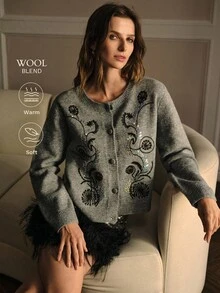 MOTF PREMIUM CARDIGAN CONTRASTÉ À SEQUINS BRODÉS