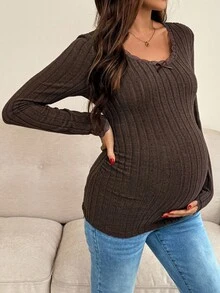 SHEIN 孕妇装女款纯色简约日常蕾丝领长袖T恤