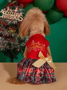 PETSIN Ropa de gato con lazo y cinta, vestido de oso de peluche con estampado navideño, vestido de perro, vestido de princesa para mascotas - Rojo - Ver 2