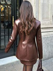 Aloruh 女式优雅 V 领束腰修身 PU 皮革半身裙 2 件套 - 棕色 - 查看 4