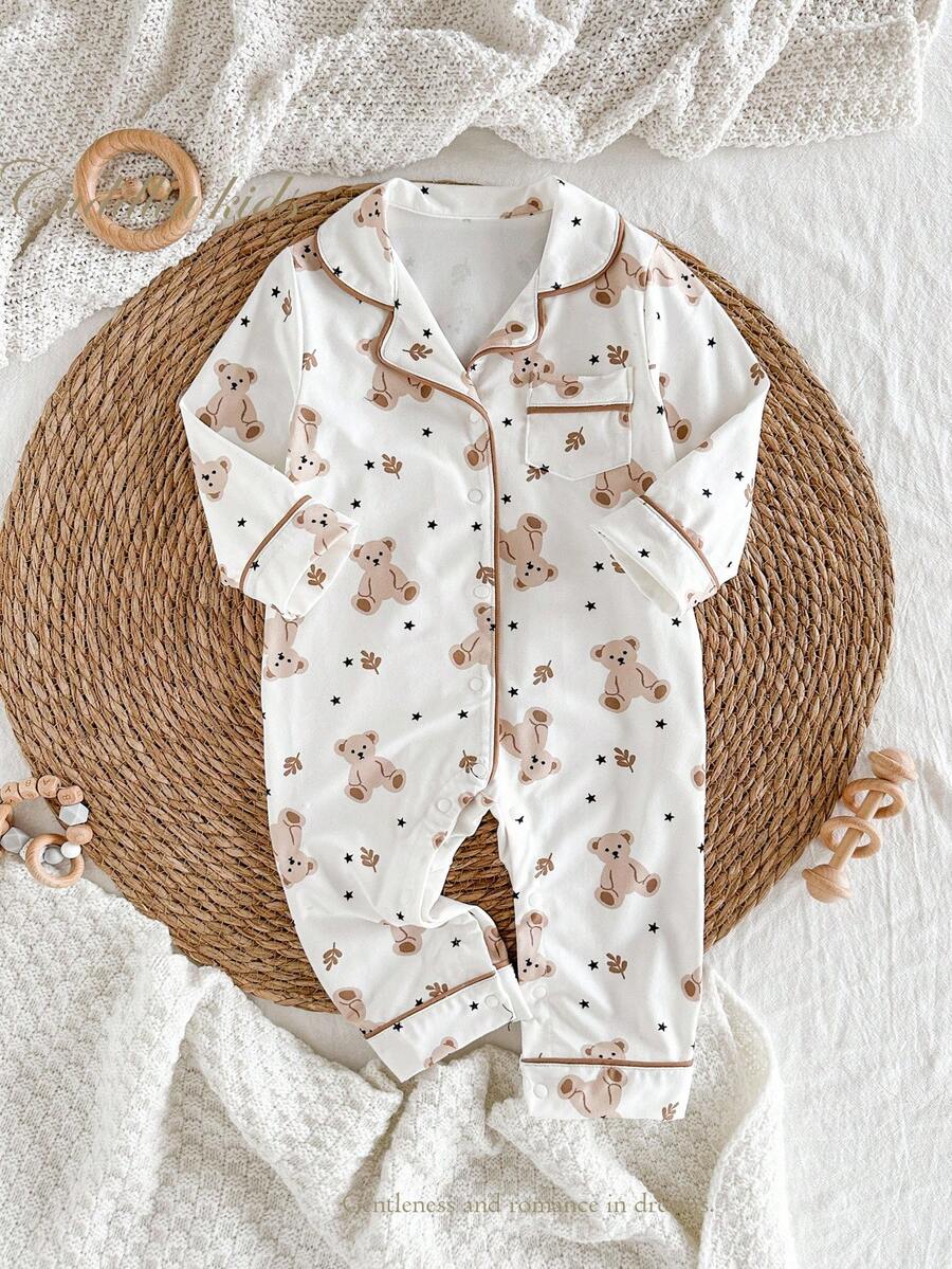 SHEIN Baby Girls/Boys Soft & Comfortable Milk Silk Fabric Romper, Cute Cartoon Bear, Leaf, Star Print, Brown Contrast Trim, Classic Lapel Collar Long Sleeve Jumpsuit, Casual Loungewear Baby Clothes Baby Pajamas Newborn Clothes Cotton Newborn Pajamas Baby Pj Set Fall Winter - Apricot - View 1