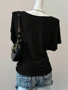 SHEIN EZwear 女士休闲宽松针织不对称肩T恤，夏季 - 黑色 - 查看 2