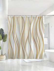 SHEIN 1 Pc Of Gold Striped Printed Bathroom Curtain - Rural Home And Bathroom Decoration, Made Of Polyester Material, Including 12 Hooks, Machine Washable And Hand Washable, Suitable For Year-Round Use - Multicolor - View 5