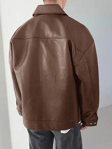 DAZY 男士纯咖啡棕色皮夹克和外套，秋季 - 咖啡棕 - 查看 2