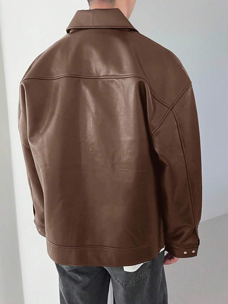 Men's Solid Coffee Brown Leather Jacket, Autumn