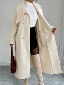 Elenzga 女士时尚百搭纯色双排扣大衣，秋冬 - 杏色 - 查看 8