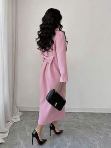 Selianne Women's Elegant & Generous Pink Long Bow Woolen Coat, Suitable For Daily Commute - Baby Pink - View 3