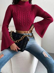 EURMUSE Women's Turtleneck Flare Sleeve Cable Pattern Cropped Fitted Sweater, Autumn/Winter - Burgundy - View 6