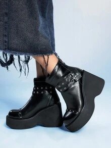 Sugerpunk 女士休闲派对舒适踝靴，哥特式铆钉金属双带搭扣后拉链，黑色朋克风厚底粗跟踝靴 - 黑色 - 查看 8