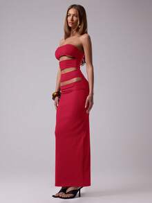 MUSERA 性感镂空修身无肩带长裙，春夏赛马会、度假、复活节、婚礼宾客礼服 - 紅色 - 查看 2