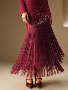Anewsta Autumn/Winter Women's Elegant Tassel Rhinestone Fitted Knit Dress, Suitable For Party, Going Out, Formal Occasions - Burgundy - View 7