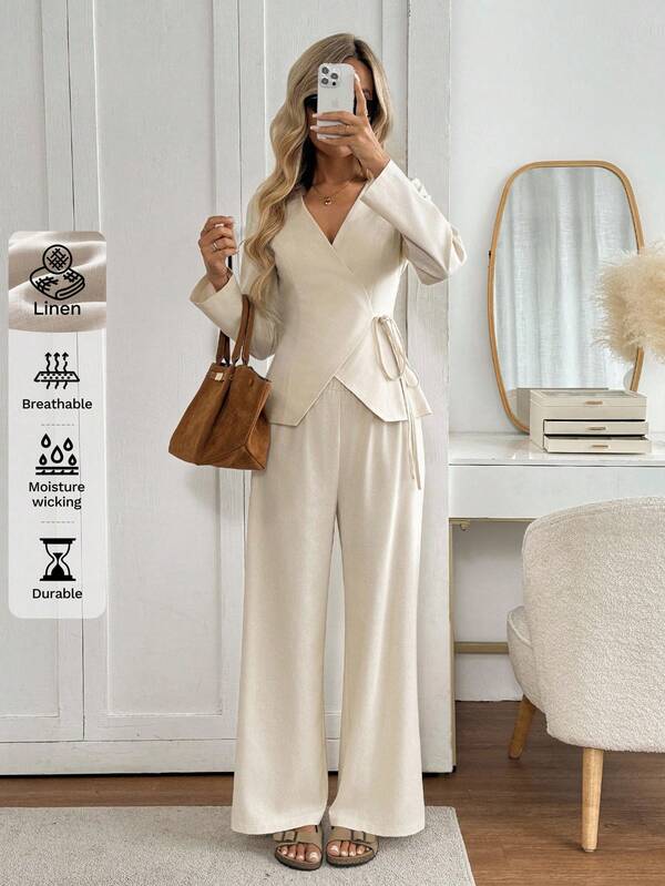 Easowa 2 件套亚麻裹身领结衬衫和阔腿裤套装，休闲宽松优雅通勤复古风格女士