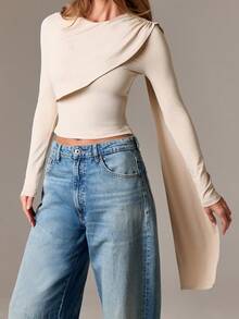 AiiRZ 披肩垂坠长袖上衣 不对称分层设计 圆领 秋冬时尚宣言 - 杏色 - 查看 1