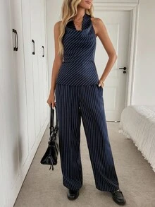 SHEIN LUNE 2pcs/Set Halter Tie Bow Collar Sleeveless Blouse And Elastic Waist Wide Leg Pants, Casual Striped Elegant Commuter Vintage Style Women Set Navy Blue Jumpsuit Women Halter Jumpsuits For Women Elegant Jumpsuits Striped Jumpsuit Women's Winter Clothes Formal Women's Clothes