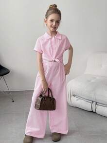 SHEIN 2 件套青少年女孩条纹棉质短袖衬衫搭配阔腿裤套装，春夏度假休闲、度假、夏季、旅行