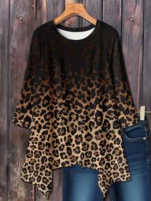 EMERY ROSE Plus Size Women Casual Asymmetrical Hem Round Neck Loose 3/4 Sleeve T-Shirt, Autumn/Winter Leopard Print Fall - Brown - View 1