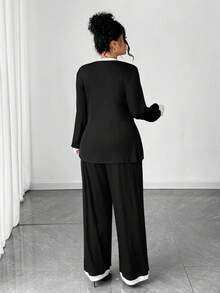 Elenzga Bộ 2 áo thun dài tay và quần dài co giãn cỡ lớn, trang phục mặc nhà và đi làm thường ngày - Đen và trắng - Xem 2