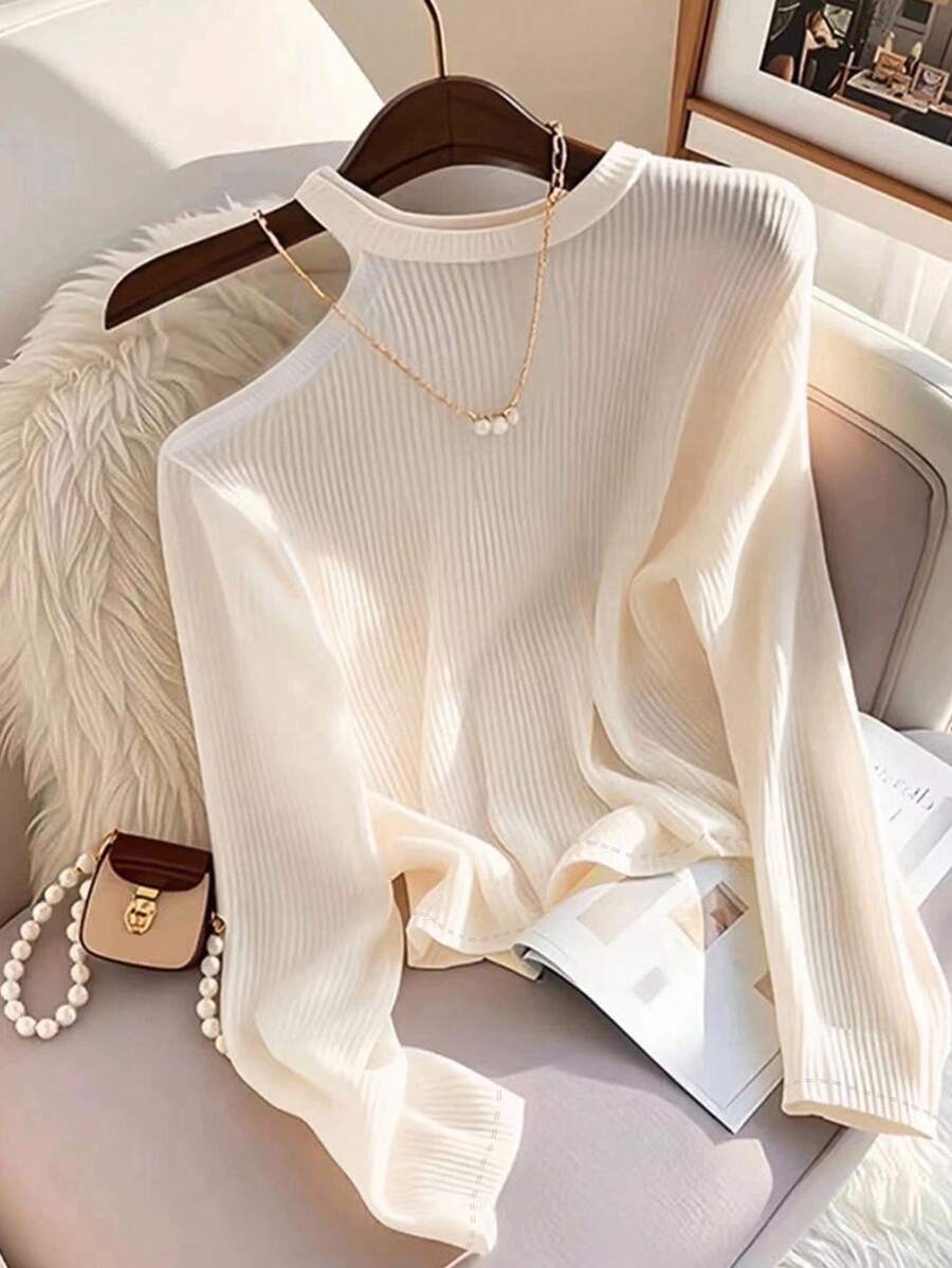 Franclia Plus Size Women's Solid Color Slim Fit Oblique Shoulder Long Sleeve T-Shirt, Ribbed Knit Top