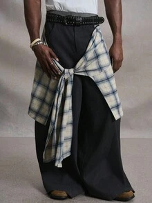 PAVTROS Manfinity Streetrush 男士拼接阔腿裤，可拆卸二合一格子系带设计，纽扣开合，秋冬街头服饰，万圣节服装，INS 街头服饰，男装，男士运动裤，中性风格，说唱歌手服装，男朋友礼物 - 黑色 - 查看 4