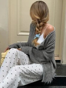 Livesso 女士休闲珍珠装饰开衫，秋季 - 灰色 - 查看 5