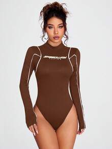 Coolane Bodyduit de manga larga ajustado con cuello alto y bloques de color para mujer, casual y de moda