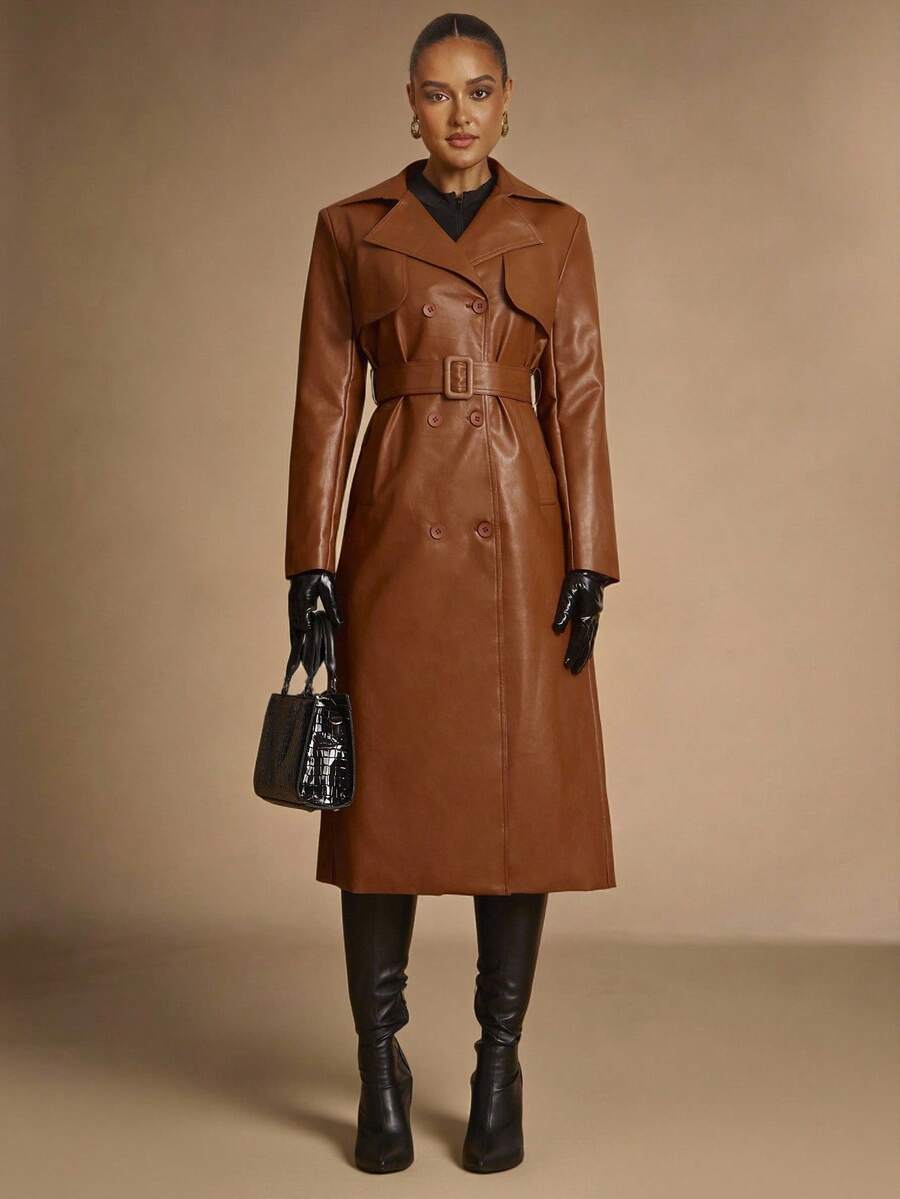 Silquee Áo khoác dạ dài tay giả da trơn hai hàng khuy cho nữ mùa thu/đông