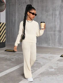Sparklyn Conjunto de dos piezas de suéter para niñas preadolescentes - Suéter de punto grueso sólido en beige y pantalones de pierna ancha, suéter de cuello redondo de ajuste relajado con pantalones rectos de estar en casa, ropa cómoda y casual para primavera/otoño/invierno - Albaricoque - Ver 10