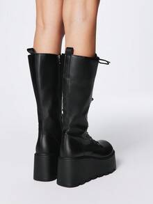 ROMWE Grunge Punk Stivali da donna nuovi per l'autunno/inverno 2025, con punta tonda, stringati, stile punk, suola platform spessa, stivali da esterno alla moda, slip-on sopra il ginocchio - nero - Visualizzare 5