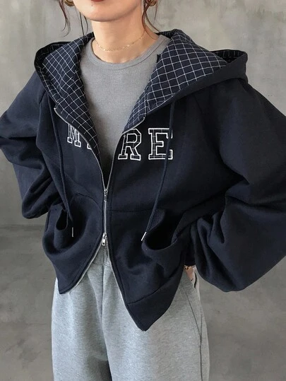 FRIFUL 女士拼接格子图案字母刺绣装饰宽松保暖短款卫衣，秋季外套连帽衫