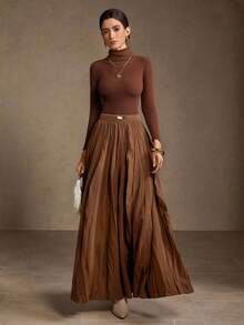 MOTF PREMIUM WOMEN'S ELEGANT PLEATED FLARED FLOWY SKIRT - Brown - View 5