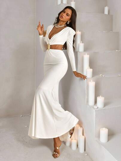 SHEIN Belle Elegant White Minimalist High-Stretch Knitted V-Neck Wide Shoulder Fitted Long Sleeve Waist Hollow Twist Metallic Decor Fishtail Maxi Dress, Suitable For Dates, Vacations, Concerts, Singles' Parties, Graduations, Weddings, Afternoon Tea, Newlywed Gifts, Gala Dinners, Formal Occasions,All White Party Outfit Women,Fall Dress, All White Party Outfit Women