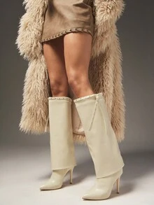 SHUZIA Women's Glamorous Pointy Toe Stiletto Heel Knee High Boots With Rivet Strap Decor - Burgundy - View 2