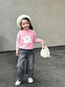 SHEIN Explorewe Girls' Fashionable Casual Heart Embroidery Loose Straight Leg Jeans Fall Winter Girls Heart Jeans Girls Embroidered Jeans - Black - View 5